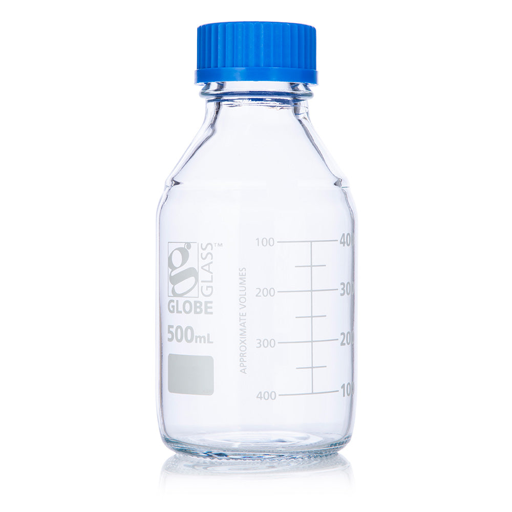 Globe Scientific 8100500 Bottle Media Globe Glass 500mL GL45 Screw Cap Dual Graduations 10/Box