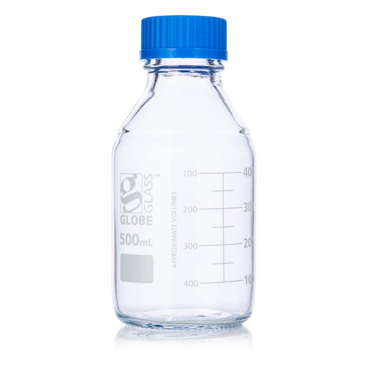 Globe Scientific 8100500 Bottle Media Globe Glass 500mL GL45 Screw Cap Dual Graduations 10/Box