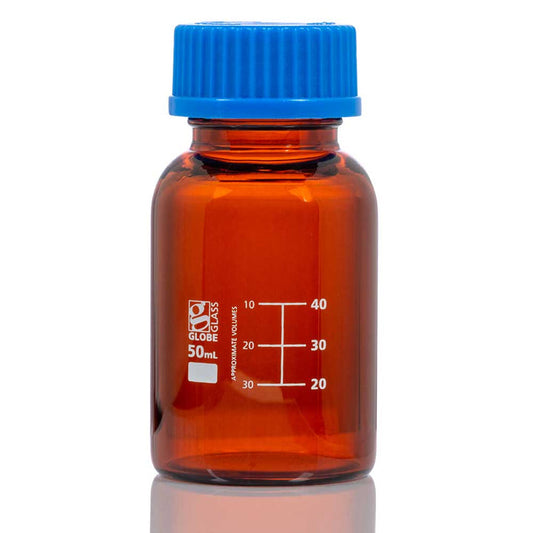 Globe Scientific 8110050 Bottle Amber Media Globe Glass 50mL GL32 Screw Cap Dual Graduations 10/Box