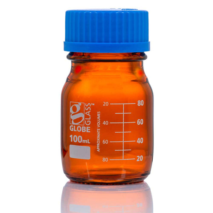 Globe Scientific 8110050 Bottle Amber Media Globe Glass 50mL GL32 Screw Cap Dual Graduations 10/Box