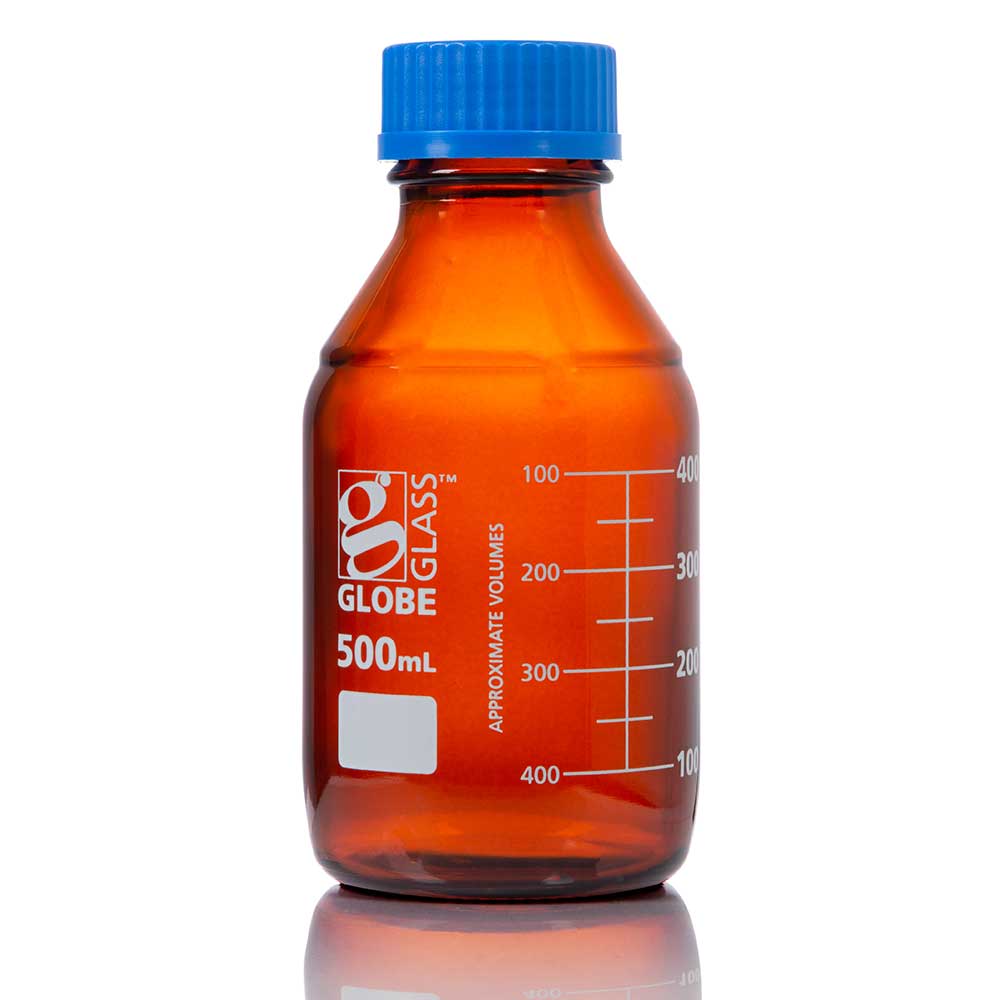 Globe Scientific 8110050 Bottle Amber Media Globe Glass 50mL GL32 Screw Cap Dual Graduations 10/Box