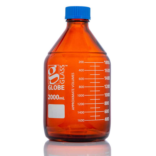 Globe Scientific 8112000 Bottle Amber Media Globe Glass 2000mL GL45 Screw Cap Dual Graduations 10/Box