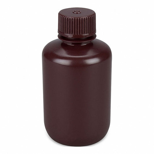 Globe Scientific 7560125AMBKS Bottle Narrow Mouth Boston Round Amber HDPE with Amber PP Closure 125mL Bulk Packed with Bottles and Caps Bagged Separately 500/Case