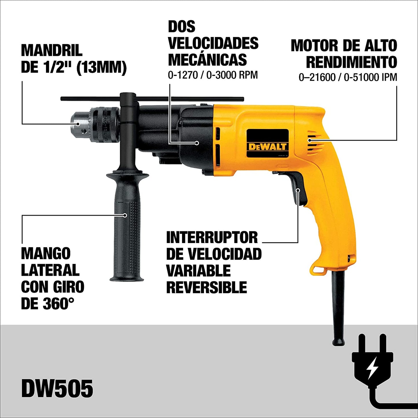 Dewalt DW505 1/2" Vsr Hammerdrill 7.2Amp-Dual