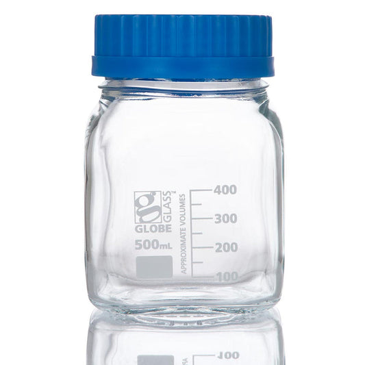 Globe Scientific 8120500 Bottle Square Media Wide Mouth Globe Glass 500mL GL80 Screw Cap 10/Box
