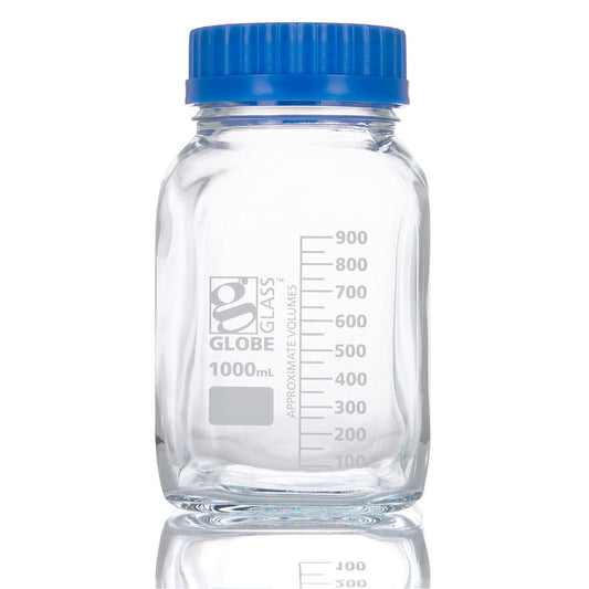 Globe Scientific 8121000 Bottle Square Media Wide Mouth Globe Glass 1000mL GL80 Screw Cap 10/Box
