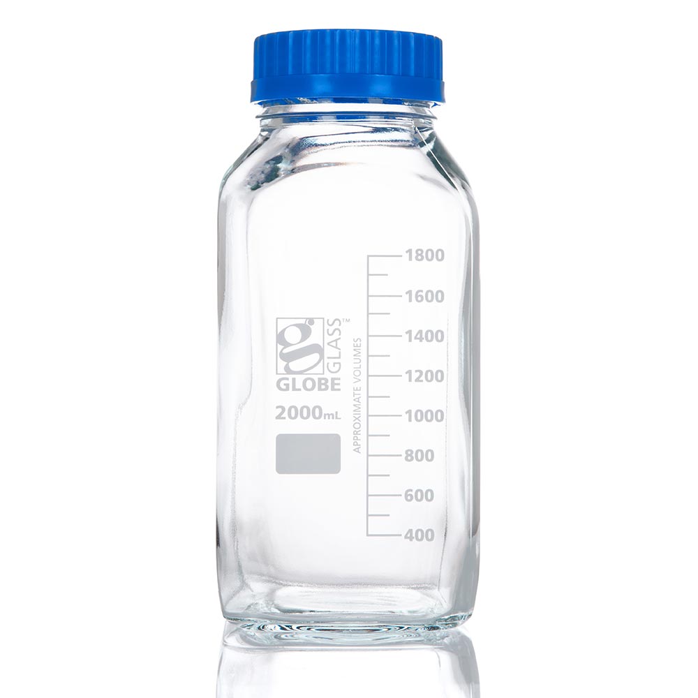 Globe Scientific 8122000 Bottle Square Media Wide Mouth Globe Glass 2000mL GL80 Screw Cap 10/Box
