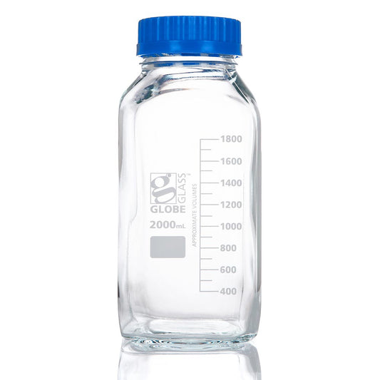 Globe Scientific 8122000 Bottle Square Media Wide Mouth Globe Glass 2000mL GL80 Screw Cap 10/Box