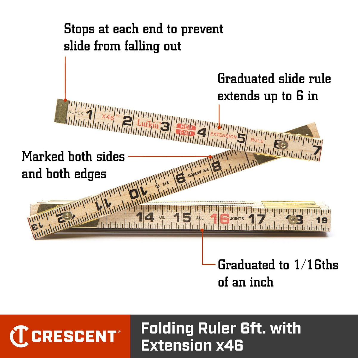 Lufkin TX46N 5/8" x 6' Red End® Wood Rule with Two 6" Slide Rule Extension