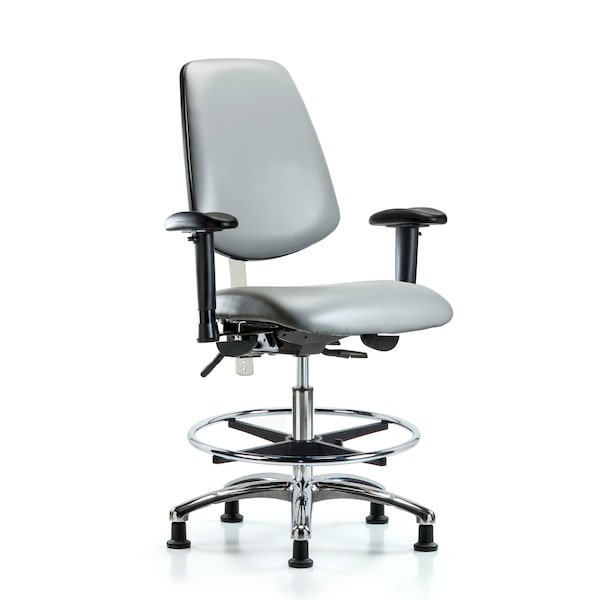 Blue Ridge Ergonomics NCR-VMBCH-MB-CR-T0-A1-CF-RG-8840 Class 100 Vinyl Clean Room Chair - Medium Bench Height with Medium Back, Adjustable Arms, Chrome Foot Ring, & Stationary Glides in Sterling Supernova™ Vinyl