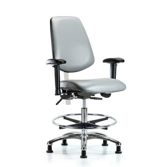 Blue Ridge Ergonomics NCR-VMBCH-MB-CR-T0-A1-CF-RG-8840 Class 100 Vinyl Clean Room Chair - Medium Bench Height with Medium Back, Adjustable Arms, Chrome Foot Ring, & Stationary Glides in Sterling Supernova™ Vinyl