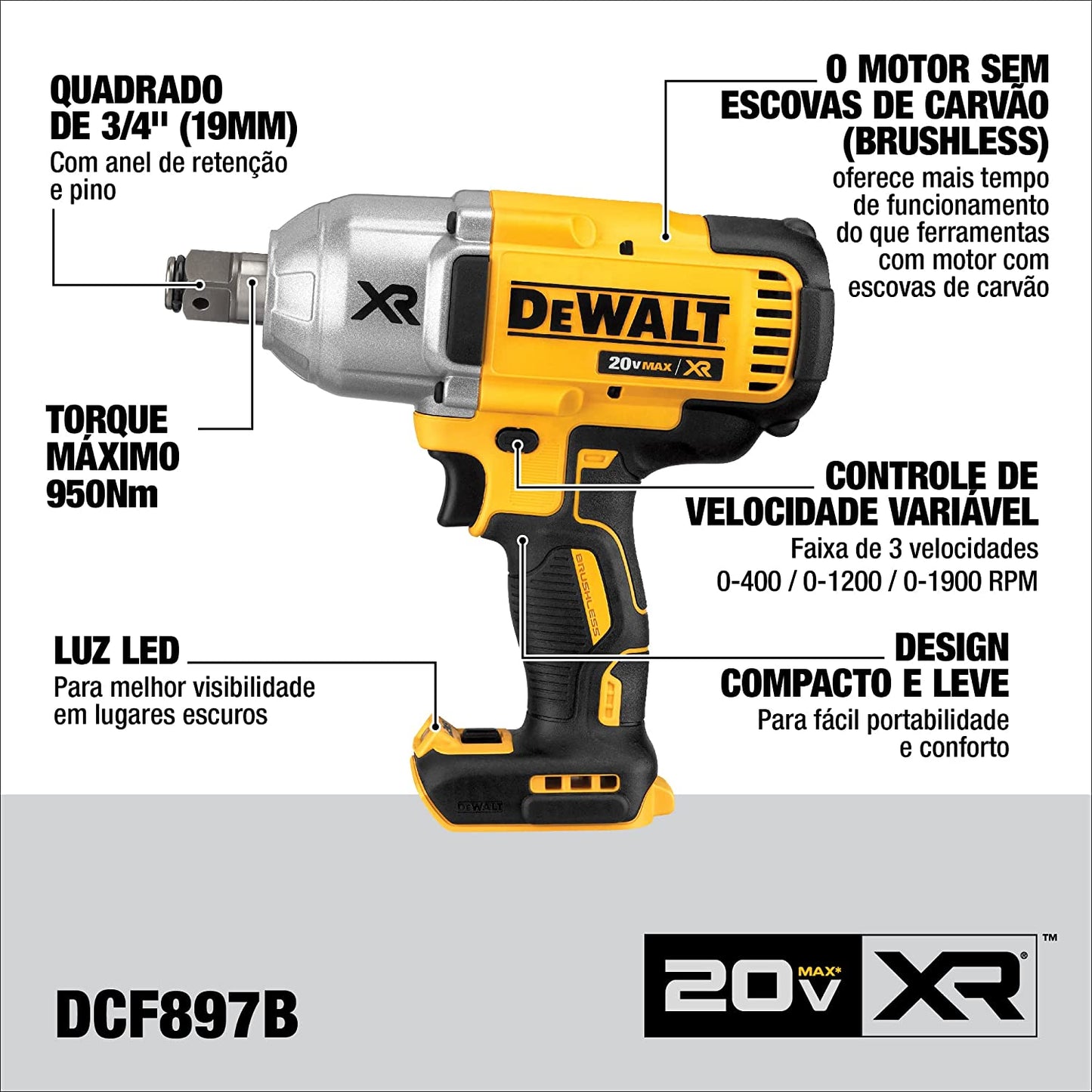 Dewalt DCF897B 20V Max* Xr® High Torque 3/4" Impact Wrench With Hog Ring Retention Pin Anvil (Bare)