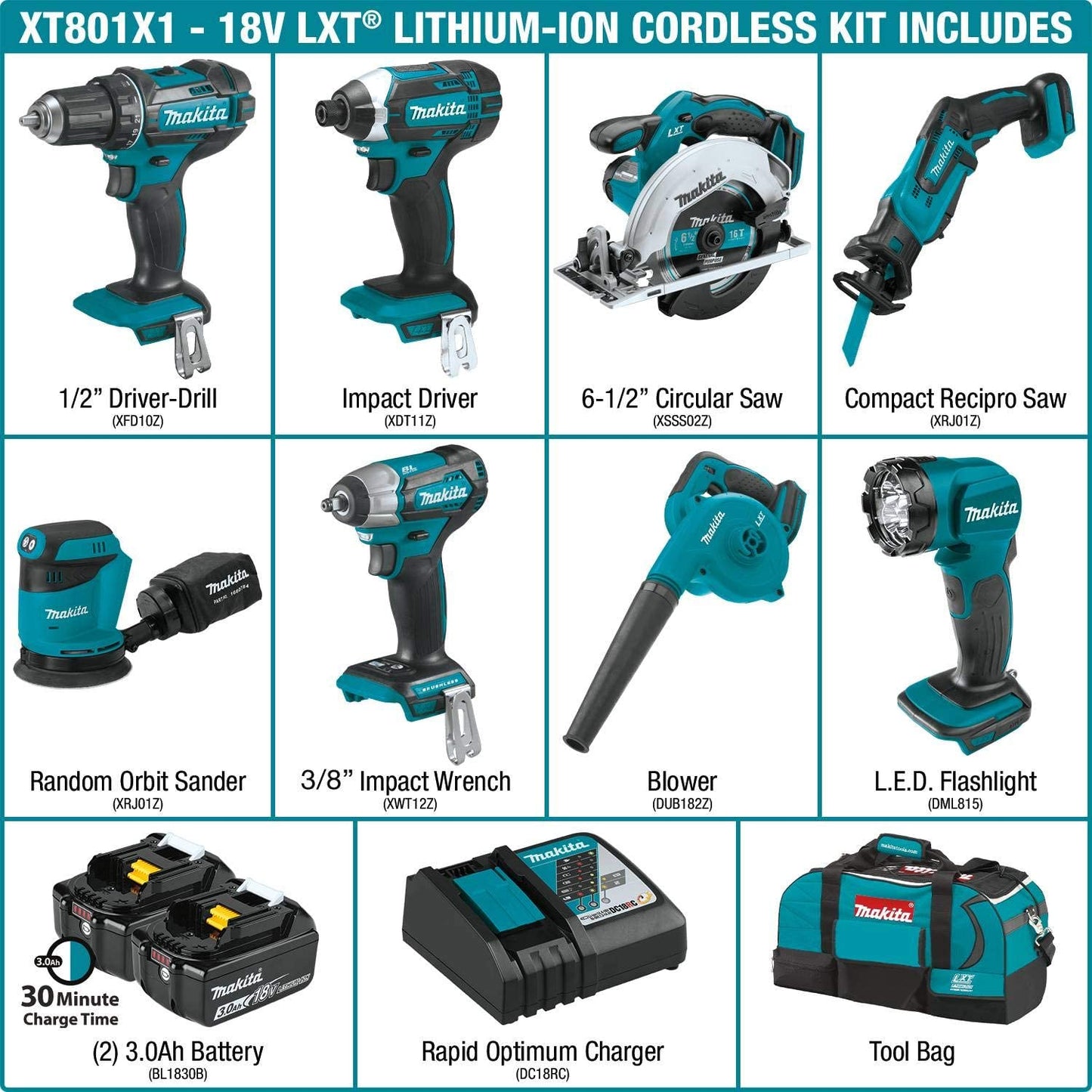 Makita XT801X1 18V LXT® Lithium‘Ion Cordless 8‘Pc. Combo Kit (3.0Ah)