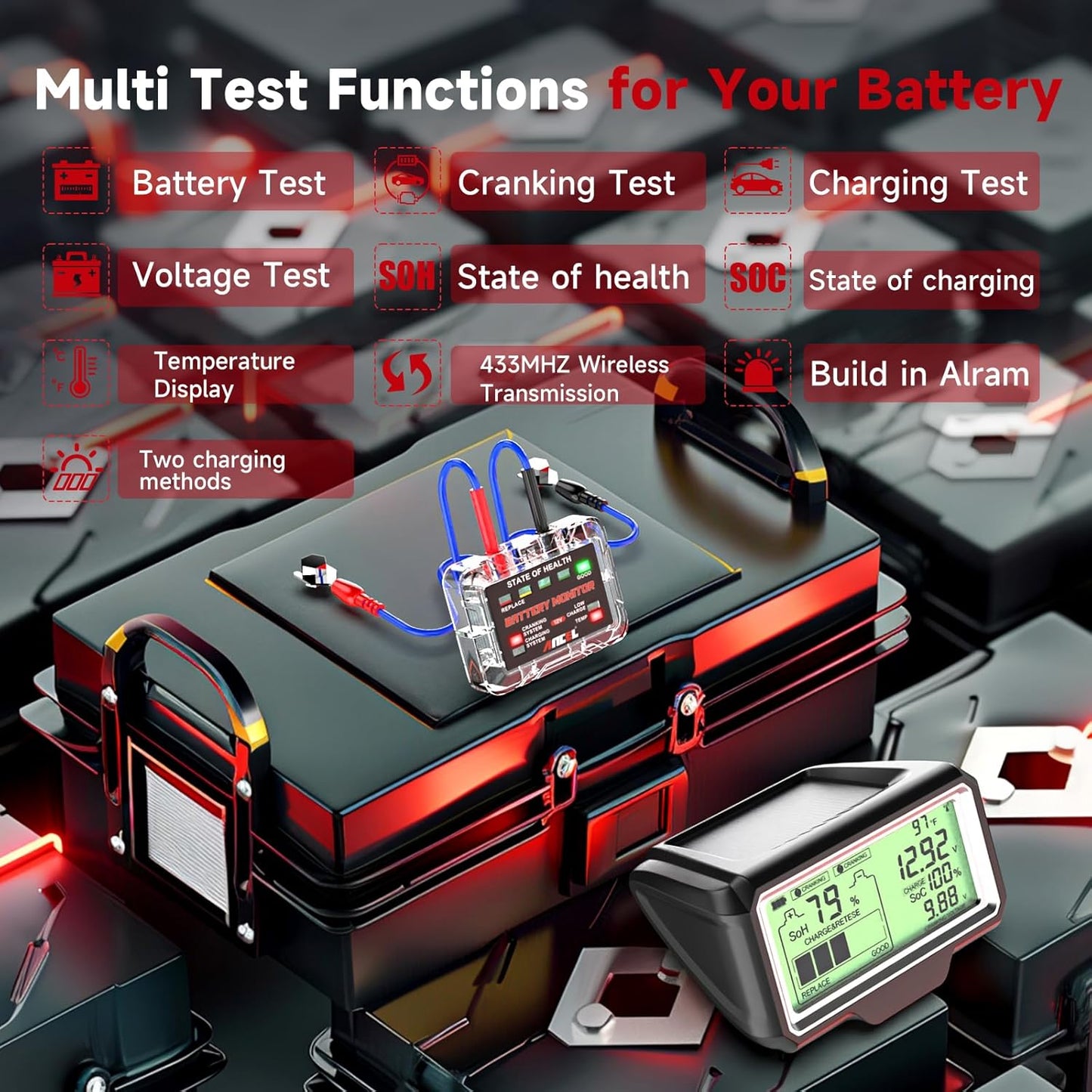 Ancel BM200 PRO 12V Battery Monitor & Tester – Wireless RF Display Battery Health, Voltage, Temperature & Cranking/Charging System Analyzer