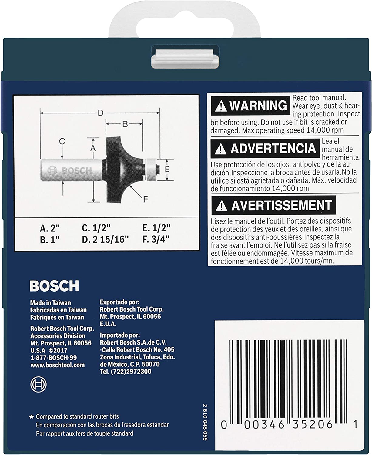 Bosch 85434MC 3/4 In. X 1 In. Carbide-Tipped Roundover Router Bit