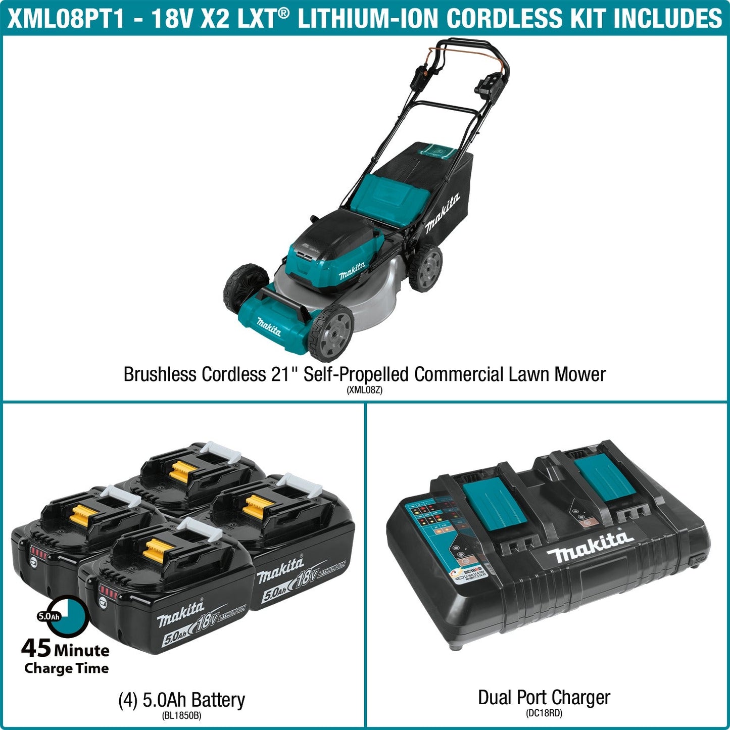Makita XML08PT1 36V (18V X2) LXT® Brushless 21" Self‘Propelled Commercial Lawn Mower Kit with 4 Batteries (5.0Ah)