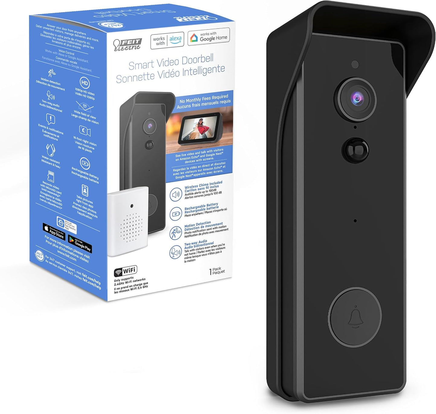 Feit Electric CAM/DOOR/WIFI/BATG2 Wired or Battery-Powered Smart Wi-Fi Video Doorbell Camera with Motion Detection and Two-Way Audio