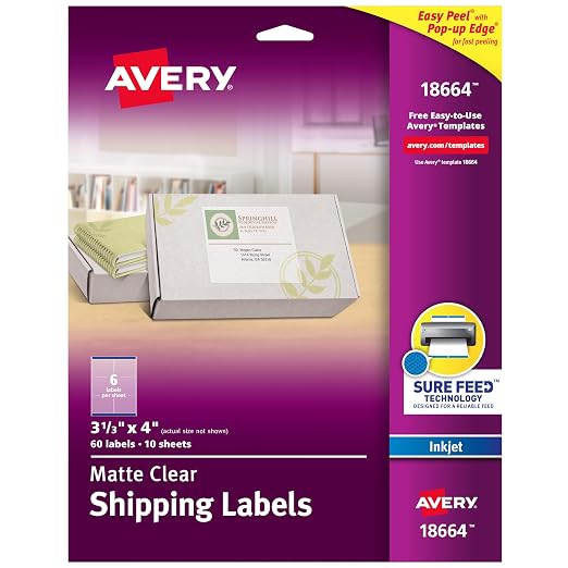 Avery® AVE18664 Easy Peel Mailing Label - Permanent Adhesive - 3.33" Width X 4" Length - 6 / Sheet - Rectangle - Inkjet - Clear - 60 / Pack