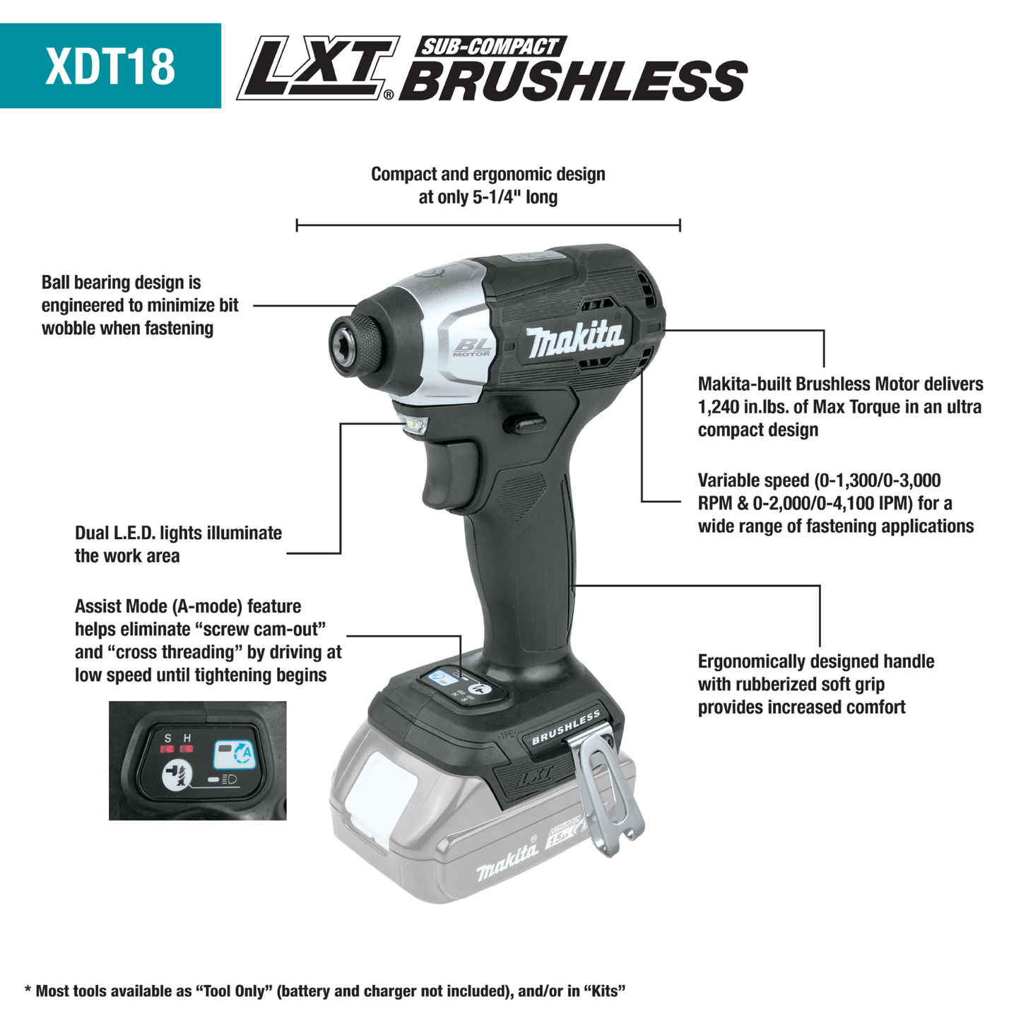 Makita XDT18ZB 18V LXT® Lithium‘Ion Sub‘Compact Brushless Cordless Impact Driver, Tool Only