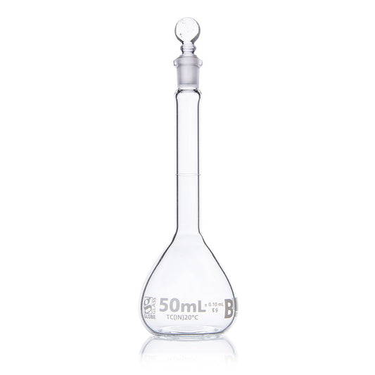 Globe Scientific 8250050 Flask Volumetric Globe Glass 50mL Class B To Contain (TC) ASTME288 6/Box