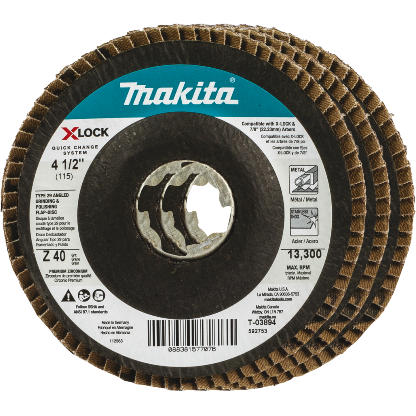 Makita T-03894-3 X‘LOCK 4‘1/2" 40 Grit Type 29 Angled Grinding and Polishing Flap Disc for X‘LOCK and All 7/8" Arbor Grinders, 3/pk