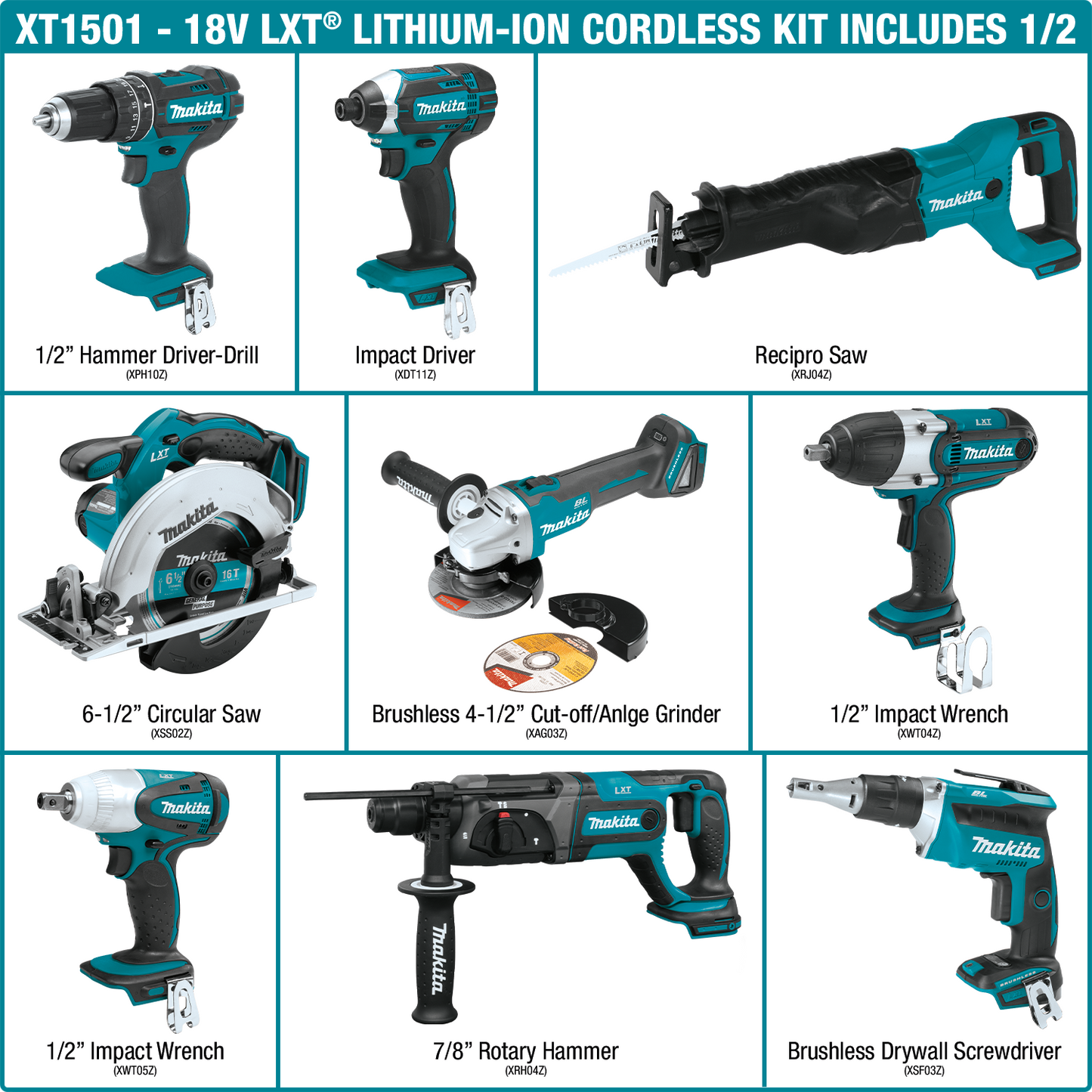 Makita XT1501 18V LXT® Lithium‘Ion Cordless 15‘Pc. Combo Kit (3.0Ah)