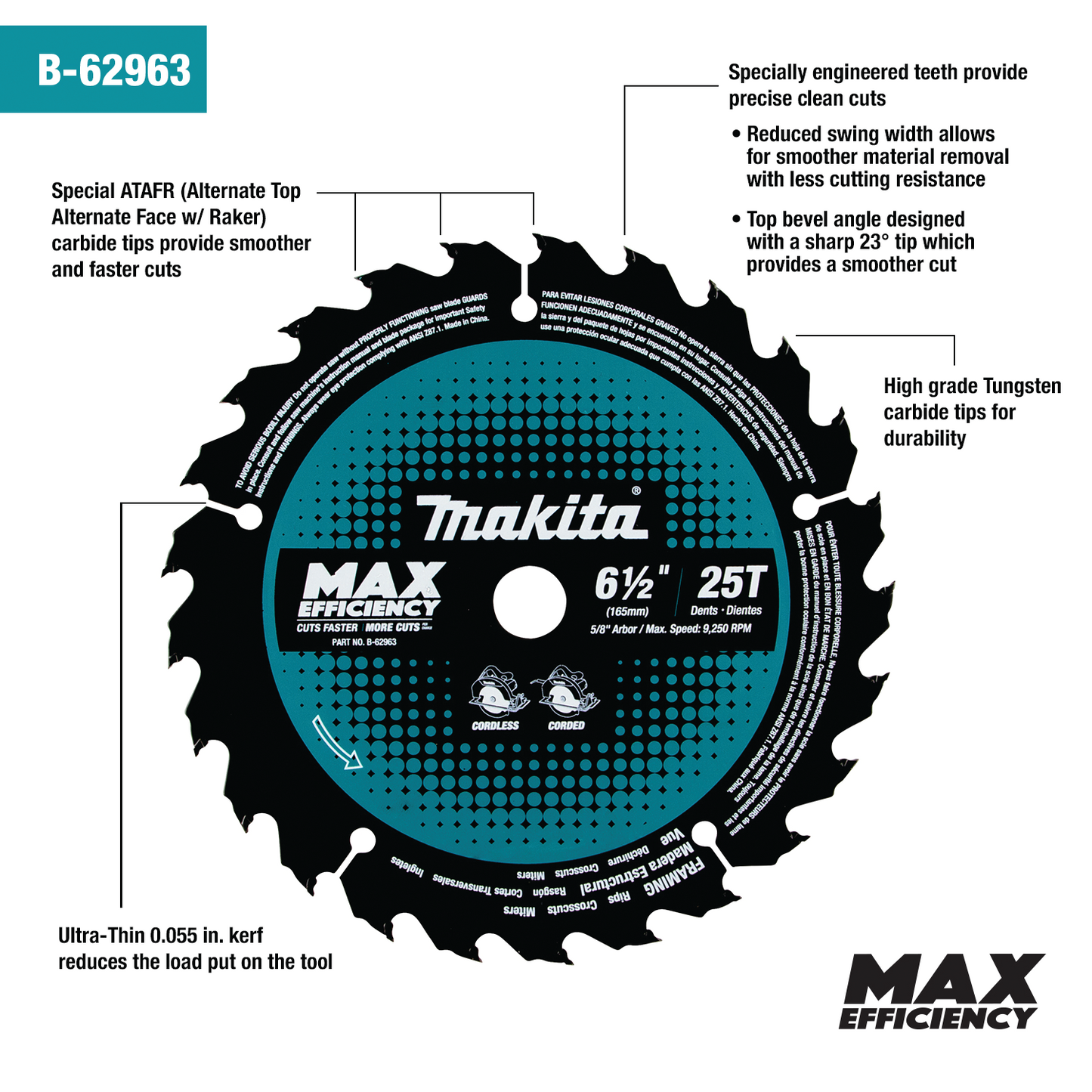 Makita B-62963 6‘1/2" 25T Carbide‘Tipped Max Efficiency Circular Saw Blade, Framing