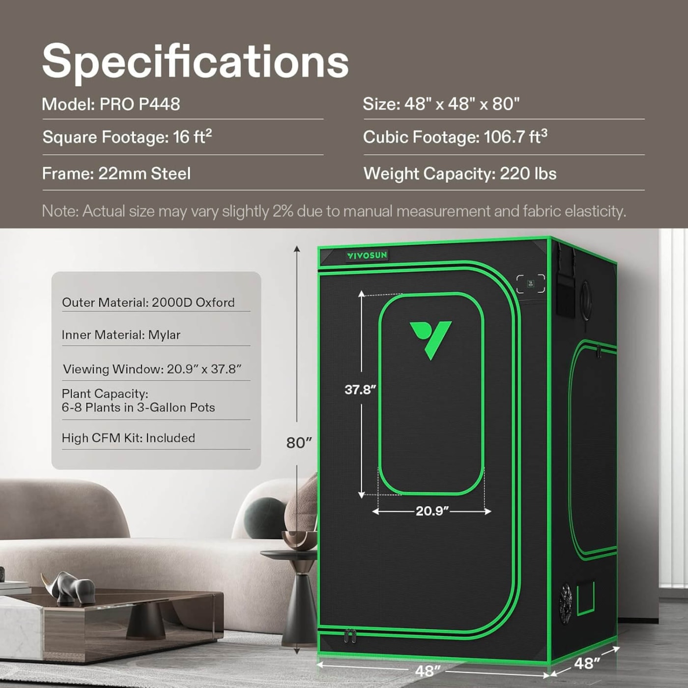 Vivosun Smart Grow Tent Kit GIY-SGS-44 Pro 4x4, 4-Plant Complete System, with WiFi E42A+ Controller, 400W AeroLight Wing LED Grow Light, 6-inch AeroZesh T6 Ventilation Combo, and AeroWave E6 Gen2 Clip-on Fan