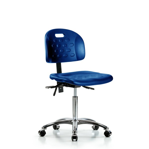 Blue Ridge Ergonomics HPMBCH-CR-T1-A0-NF-CC-BLU Newport Industrial Polyurethane Chair Chrome - Medium Bench Height with Seat Tilt & Casters in Blue Polyurethane