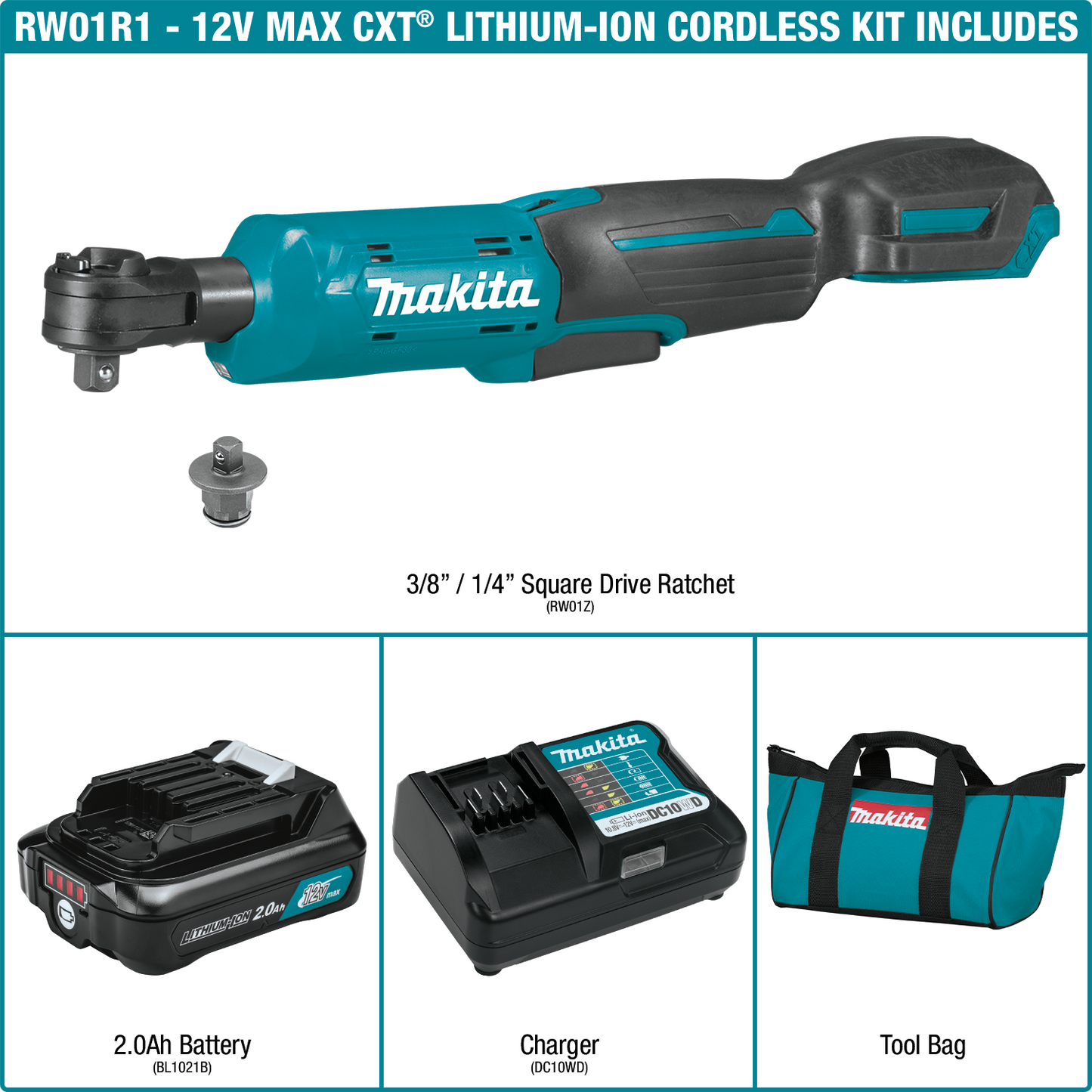 Makita RW01R1 12V max CXT® Lithium‘Ion Cordless 3/8" / 1/4" Sq. Drive Ratchet Kit (2.0Ah)