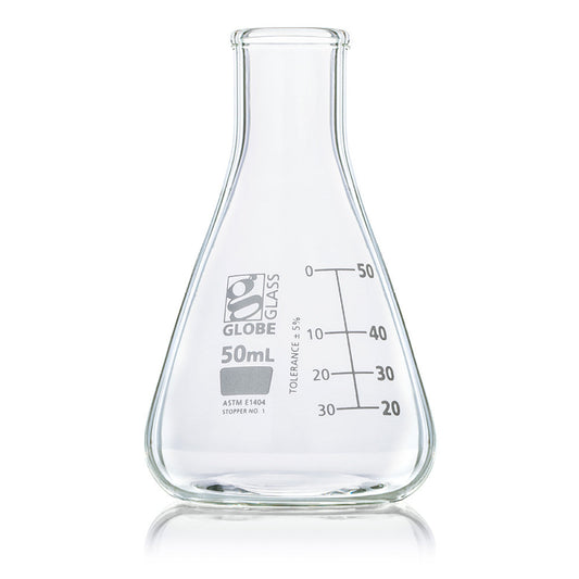 Globe Scientific 8400050 Flask Erlenmeyer Globe Glass 50mL Narrow Mouth Dual Graduations ASTM E1404 12/Box
