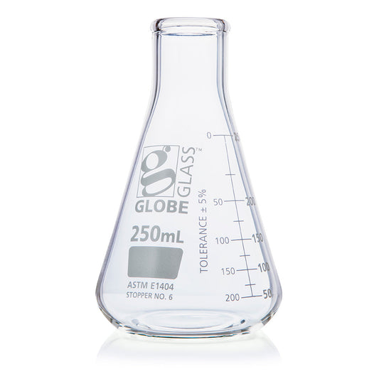 Globe Scientific 8400250 Flask Erlenmeyer Globe Glass 250mL Narrow Mouth Dual Graduations ASTM E1404 12/Box
