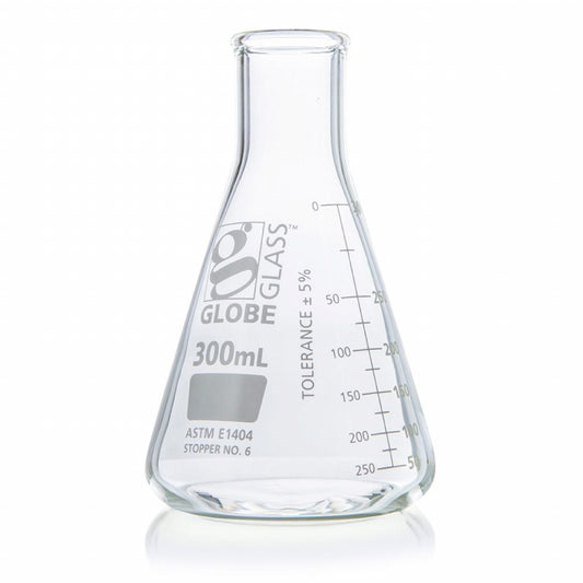 Globe Scientific 8400300 Flask Erlenmeyer Globe Glass 300mL Narrow Mouth Dual Graduations ASTM E1404 12/Box