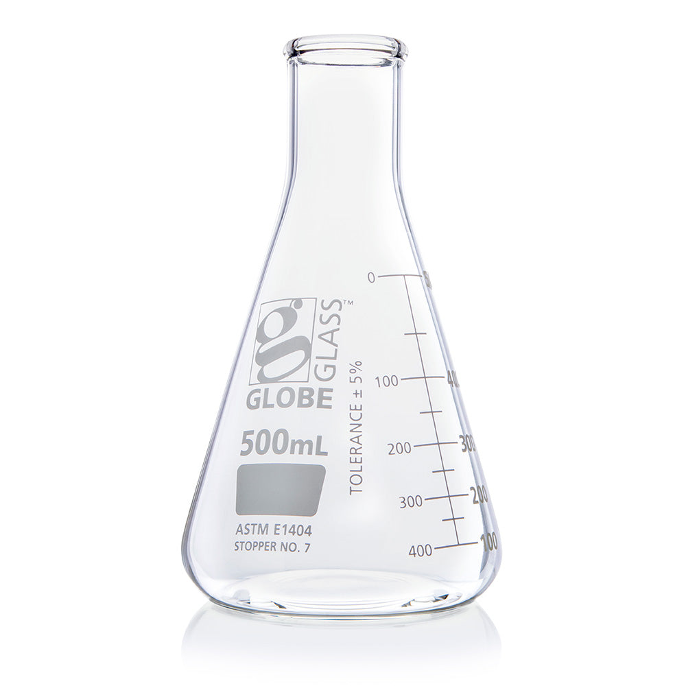 Globe Scientific 8400500 Flask Erlenmeyer Globe Glass 500mL Narrow Mouth Dual Graduations ASTM E1404 6/Box