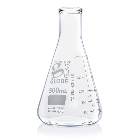Globe Scientific 8400500 Flask Erlenmeyer Globe Glass 500mL Narrow Mouth Dual Graduations ASTM E1404 6/Box, BOX/6