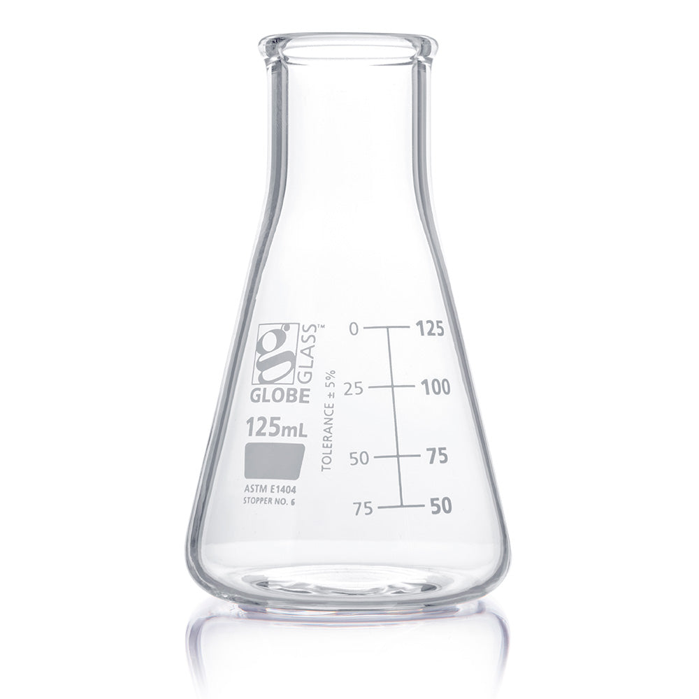 Globe Scientific 8410125 Flask Erlenmeyer Globe Glass 125mL Wide Mouth Dual Graduations ASTM E1404 12/Box