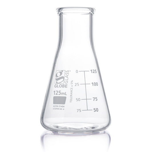 Globe Scientific 8410125 Flask Erlenmeyer Globe Glass 125mL Wide Mouth Dual Graduations ASTM E1404 12/Box
