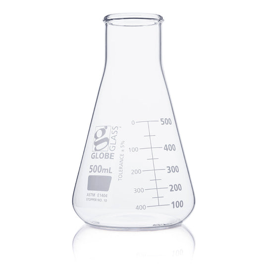 Globe Scientific 8410500 Flask Erlenmeyer Globe Glass 500mL Wide Mouth Dual Graduations ASTM E1404 6/Box