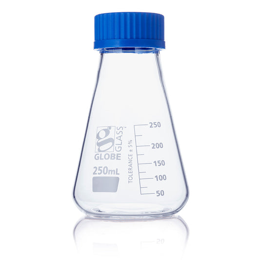 Globe Scientific 8420250 Flask Erlenmeyer Globe Glass 250mL Screw Cap Dual Graduations ASTM E1404 6/Box