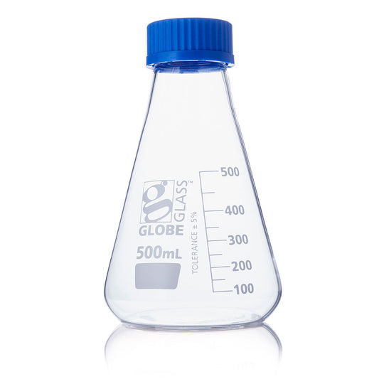 Globe Scientific 8420500 Flask Erlenmeyer Globe Glass 500mL Screw Cap Dual Graduations ASTM E1404 6/Box