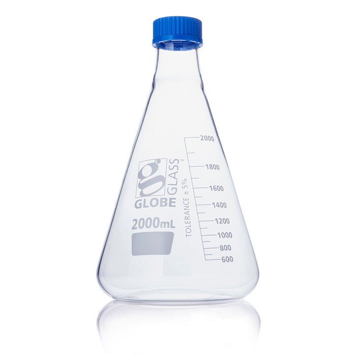 Globe Scientific 8421000 Flask Erlenmeyer Globe Glass 1000mL Screw Cap Dual Graduations ASTM E1404 4/Box