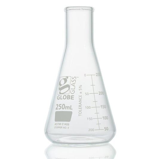 Globe Scientific 8430250 Flask Erlenmeyer Globe Glass 250mL Heavy Duty Narrow Mouth Dual Graduations ASTM E1406 6/Box