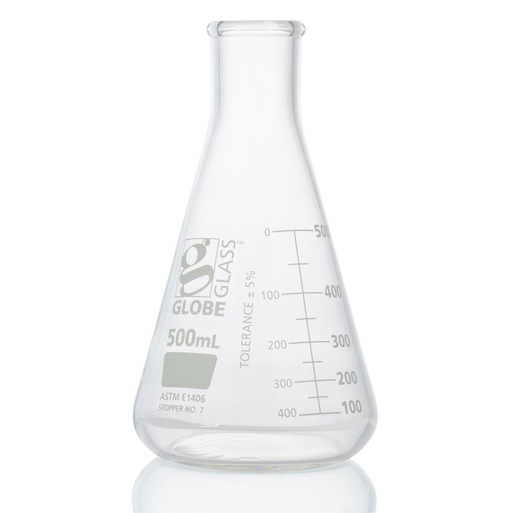 Globe Scientific 8430500 Flask Erlenmeyer Globe Glass 500mL Heavy Duty Narrow Mouth Dual Graduations ASTM E1406 1/Box