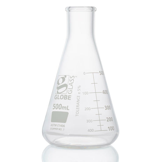 Globe Scientific 8430500 Flask Erlenmeyer Globe Glass 500mL Heavy Duty Narrow Mouth Dual Graduations ASTM E1406 1/Box