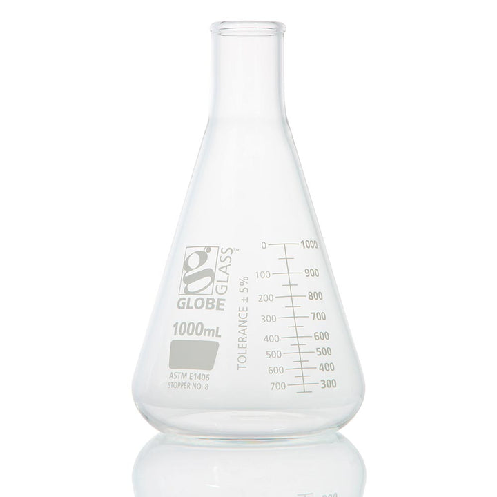 Globe Scientific 8430250 Flask Erlenmeyer Globe Glass 250mL Heavy Duty Narrow Mouth Dual Graduations ASTM E1406 6/Box