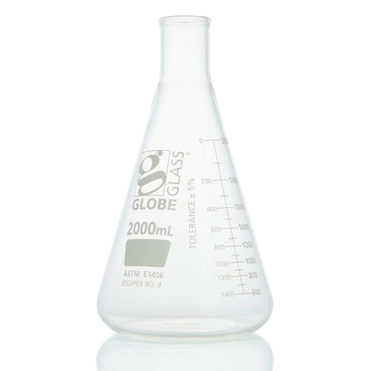 Globe Scientific 8432000 Flask Erlenmeyer Globe Glass 2000mL Heavy Duty Narrow Mouth Dual Graduations ASTM E1406 1/Box