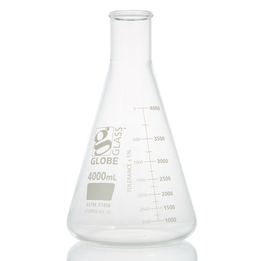 Globe Scientific 8434000 Flask Erlenmeyer Globe Glass 4000mL Heavy Duty Narrow Mouth Dual Graduations ASTM E1406 1/Box