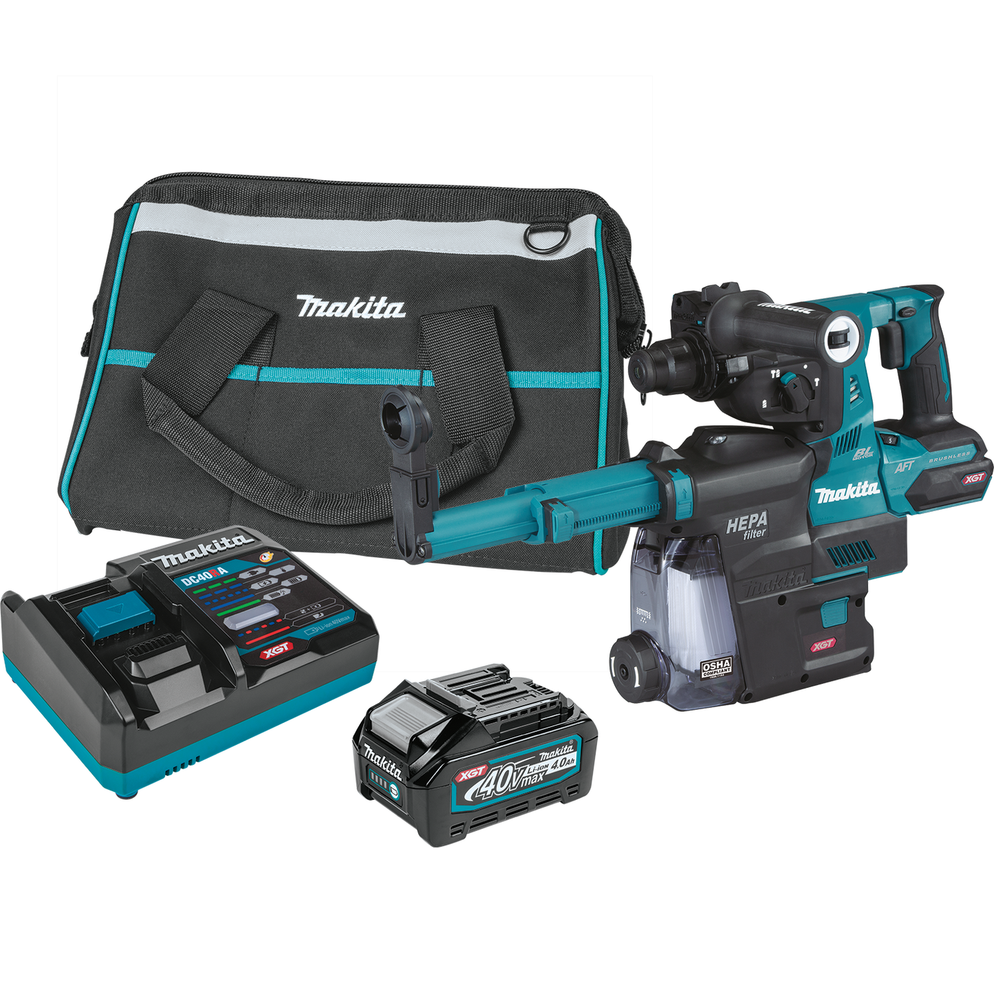 Makita GRH01M1W 40V max XGT® Brushless Cordless 1‘1/8" SDS‘PLUS AVT® Rotary Hammer Kit w/ Dust Extractor, AFT®, AWS® Capable (4.0Ah)