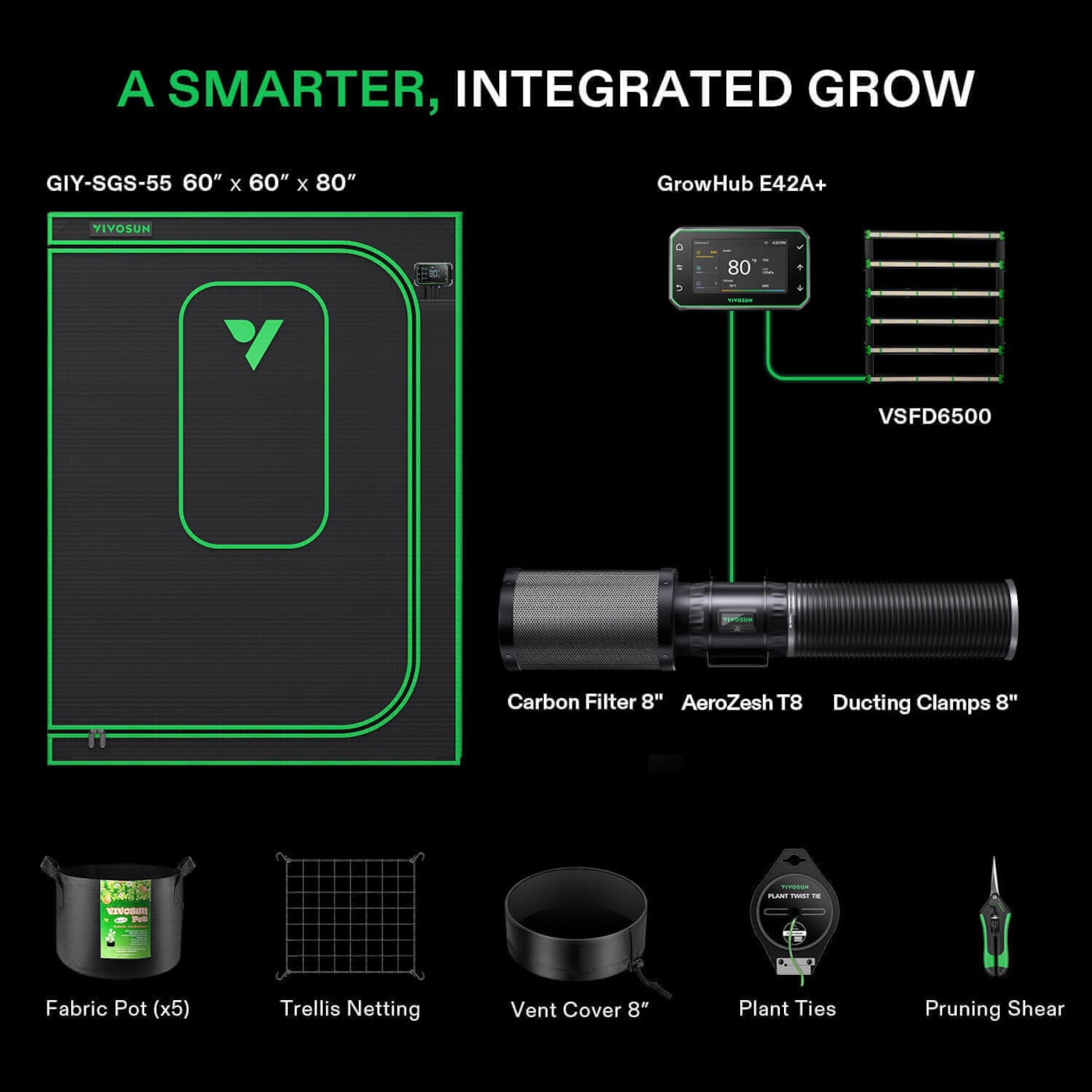 Vivosun Smart Grow Tent Kit GIY-SGS-55FD 5x5, 6-Plant Complete System, with WiFi E42A+ Controller, 650W VSFD6500 LED Grow Light, and 8-inch AeroZesh T8 Ventilation Combo