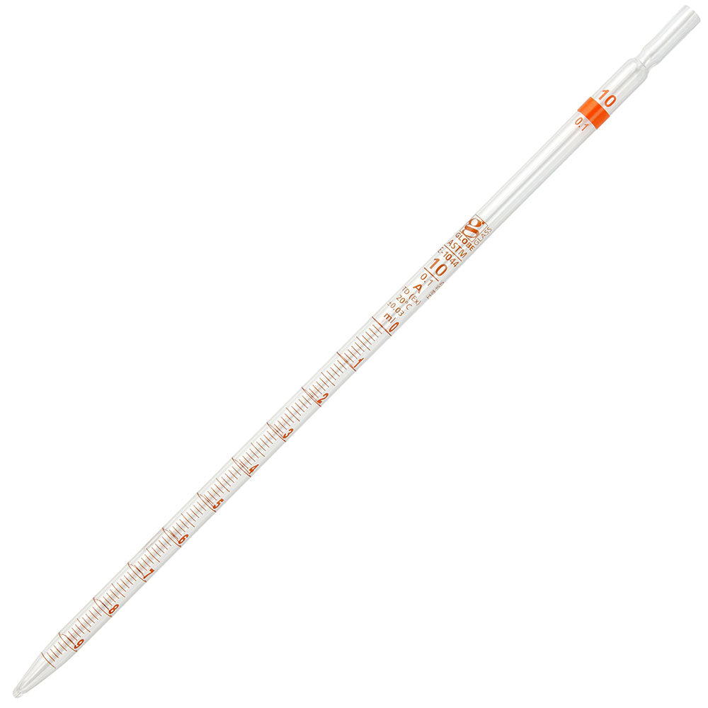 Globe Scientific 8500010 Pipette Serological Globe Glass Reusable 10mL Class A To Deliver (TD) 0.1 Graduations Orange Band 6/Box